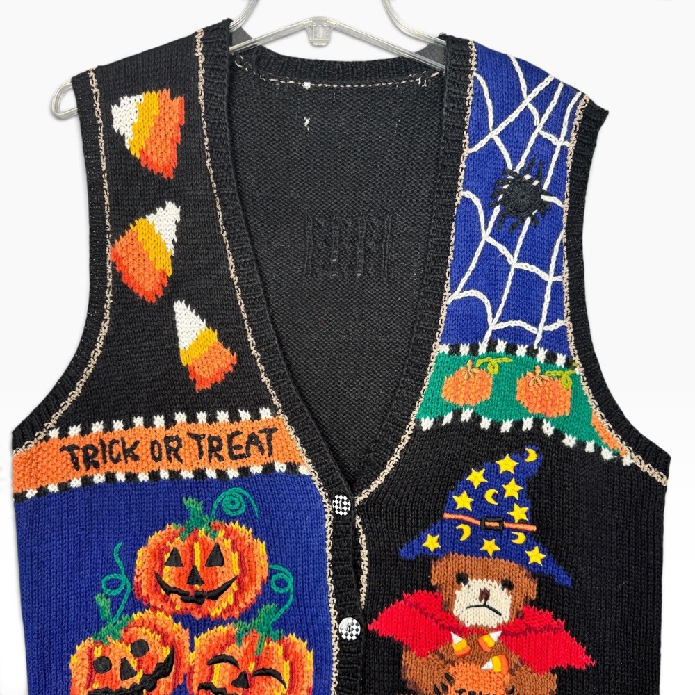 Marisa Christina Halloween Sweater Vest Womens M Black Trick or Treat Hand Knit - Picture 4 of 10